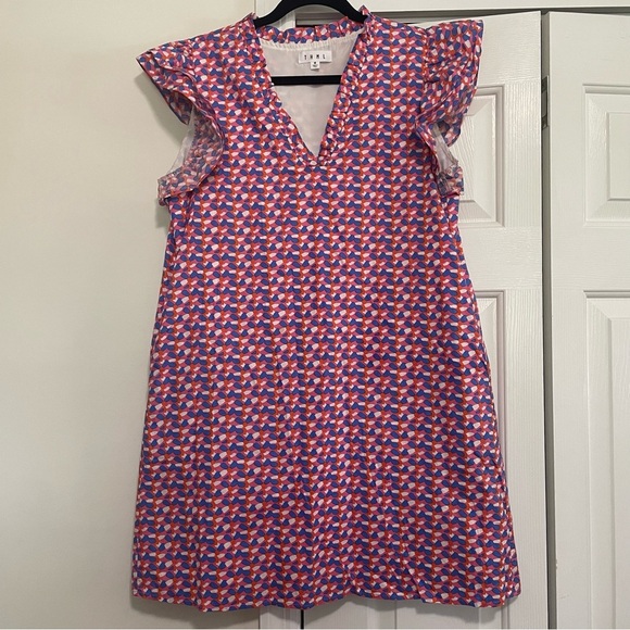 THML V Neck Ruffled Sleeve Blue Orange Pink Mid Length Dress Size Medium - Picture 1 of 10